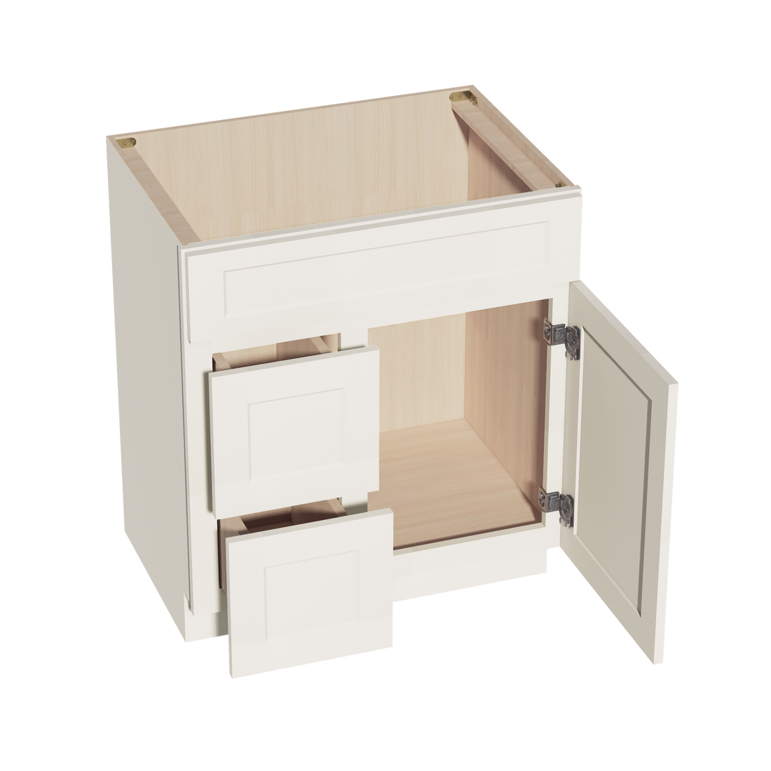 DI-VSD3021L:达拉斯象牙色 Shaker 30 英寸宽 x 34-1/2 英寸高 x 21 英寸深 1 门和 2 个左抽屉偏置梳妆台水槽底柜