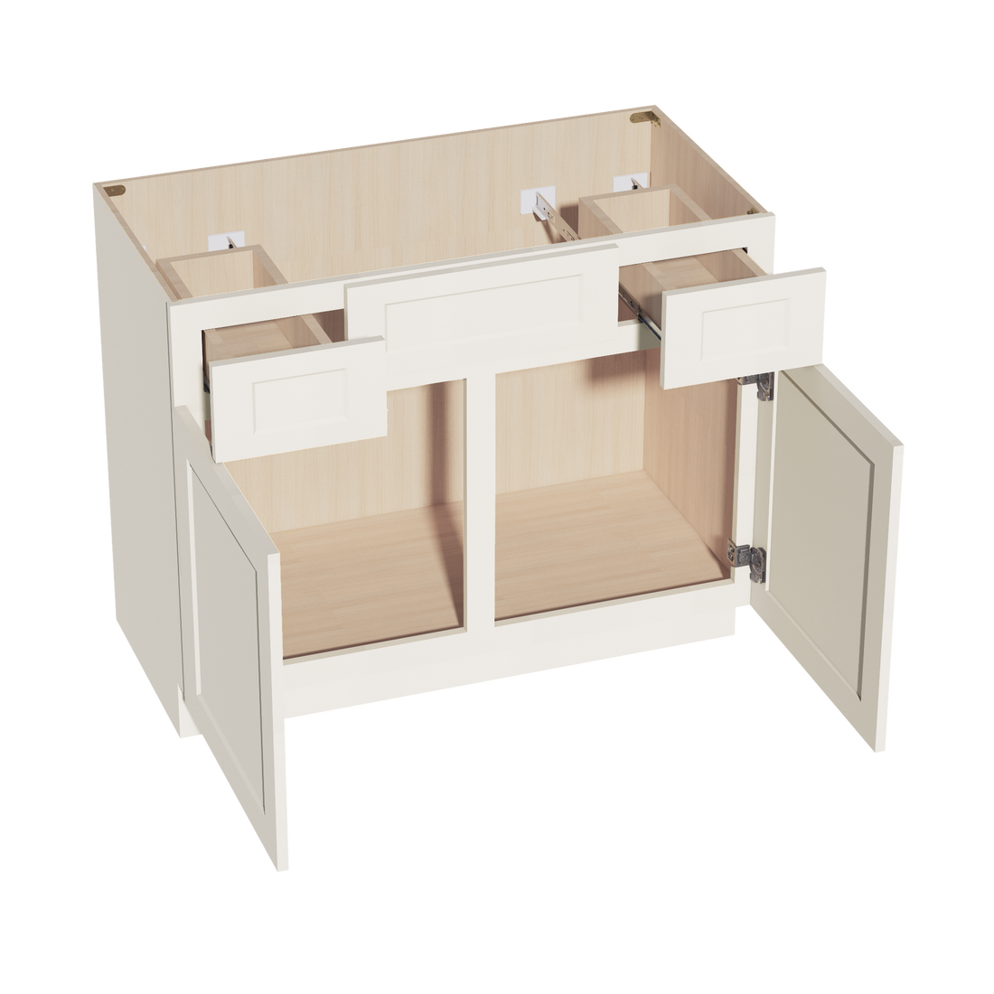 DI-VSD4221:达拉斯象牙色 Shaker 42 英寸宽 x 34-1/2 英寸高 x 21 英寸深 2 个门、2 个抽屉和 1 个假抽屉 居中梳妆台水槽底柜