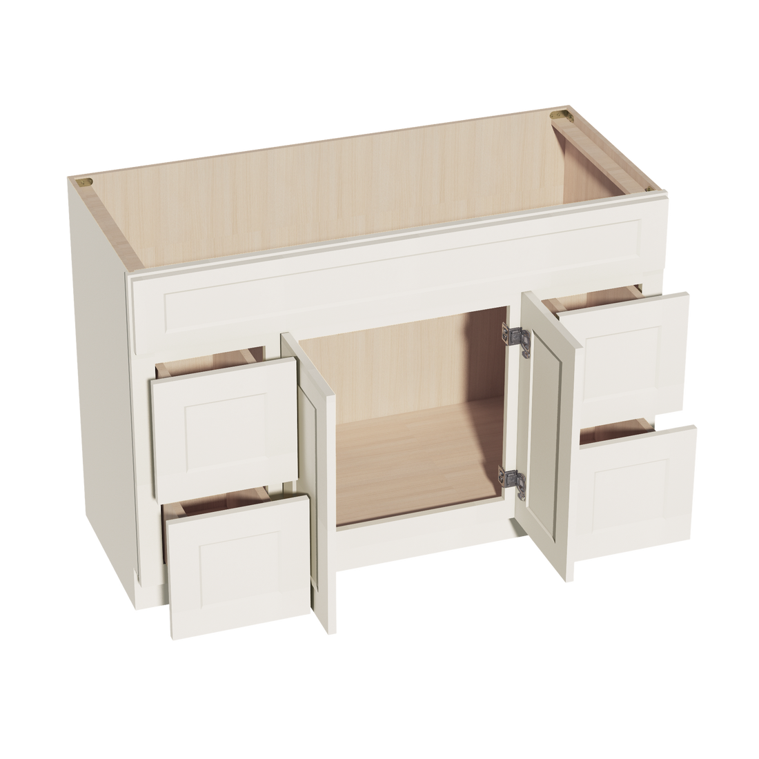 DI-VSD4821:达拉斯象牙色 Shaker 48 英寸宽 x 34-1/2 英寸高 x 21 英寸深 2 个门、4 个抽屉和 1 个假抽屉 居中梳妆台水槽底柜