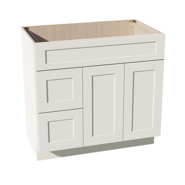 DI-VSD3621L: Dallas Ivory Shaker 36"W x 34-1/2"H x 21"D 2 Doors & 2 Left Drawers Offset Vanity Sink Base Cabinets