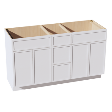 SF-VSD60DOUBLE: Frost White Slim Shaker 60"W x 34-1/2"H x 21"D 4 Doors, 3 Drawers & 2 False Drawers Double Sink Vanity Base Combo Cabinets