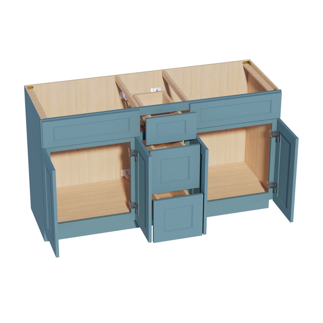 TG-VSD60DOUBLE: Soft Green Shaker 60"W x 34-1/2"H x 21"D 4 Doors, 3 Drawers & 2 False Drawers Double Sink Vanity Base Combo Cabinets