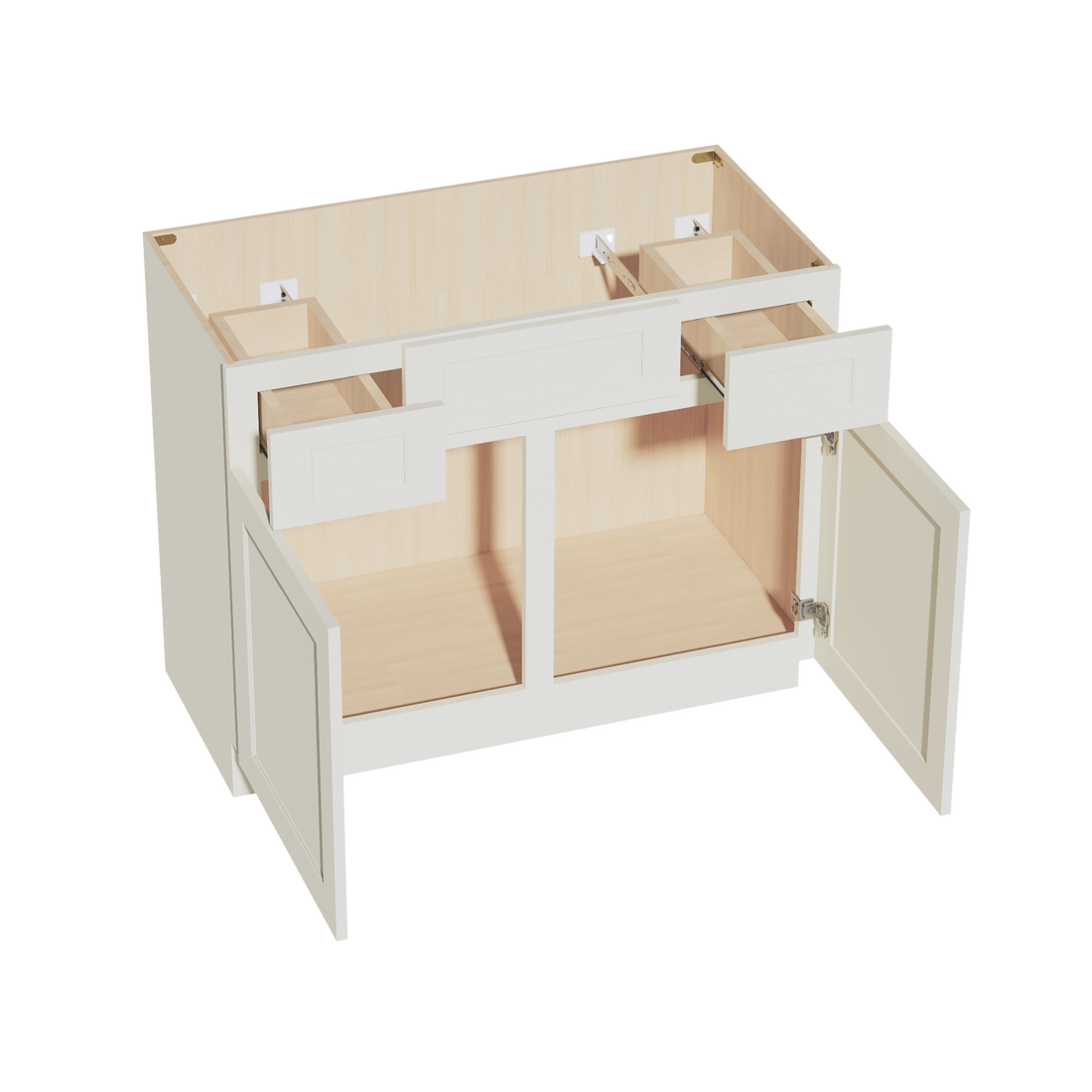 TW-VSD4221: Creamy White Shaker  42"W x 34-1/2"H x 21"D 2 Doors, 2 Drawers & 1 False Drawer Centered Vanity Sink Base Cabinets