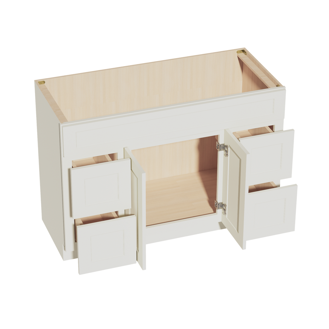 TW-VSD4821: Creamy White Shaker 48"W x 34-1/2"H x 21"D 2 Doors, 4 Drawers & 1 False Drawer Centered Vanity Sink Base Cabinets