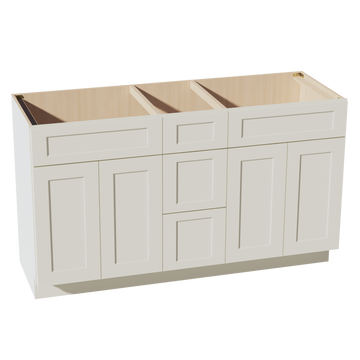 TW-VSD60DOUBLE: Creamy White Shaker 60"W x 34-1/2"H x 21"D 4 Doors, 3 Drawers & 2 False Drawers Double Sink Vanity Base Combo Cabinets