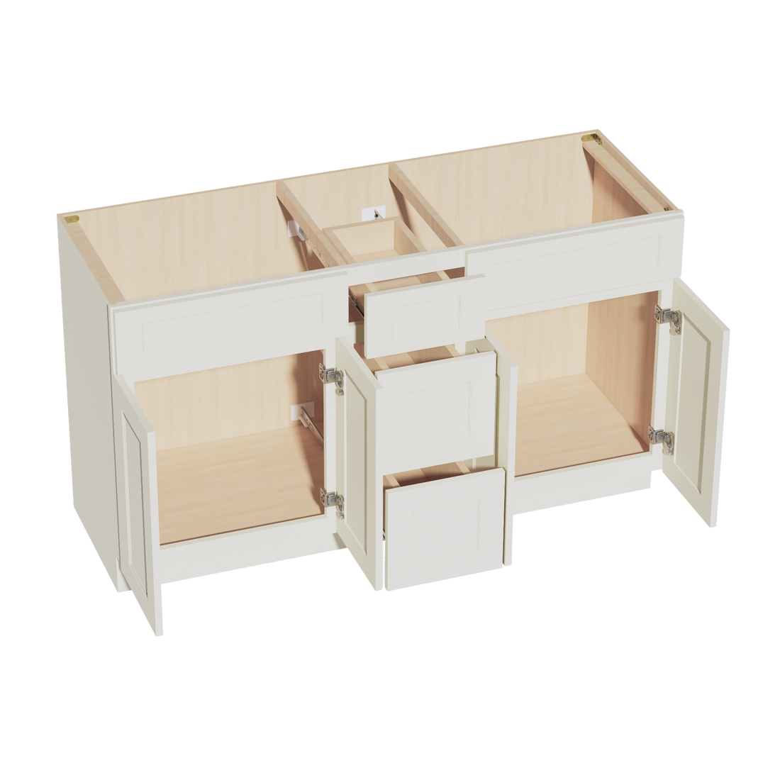 TW-VSD60DOUBLE: Creamy White Shaker 60"W x 34-1/2"H x 21"D 4 Doors, 3 Drawers & 2 False Drawers Double Sink Vanity Base Combo Cabinets