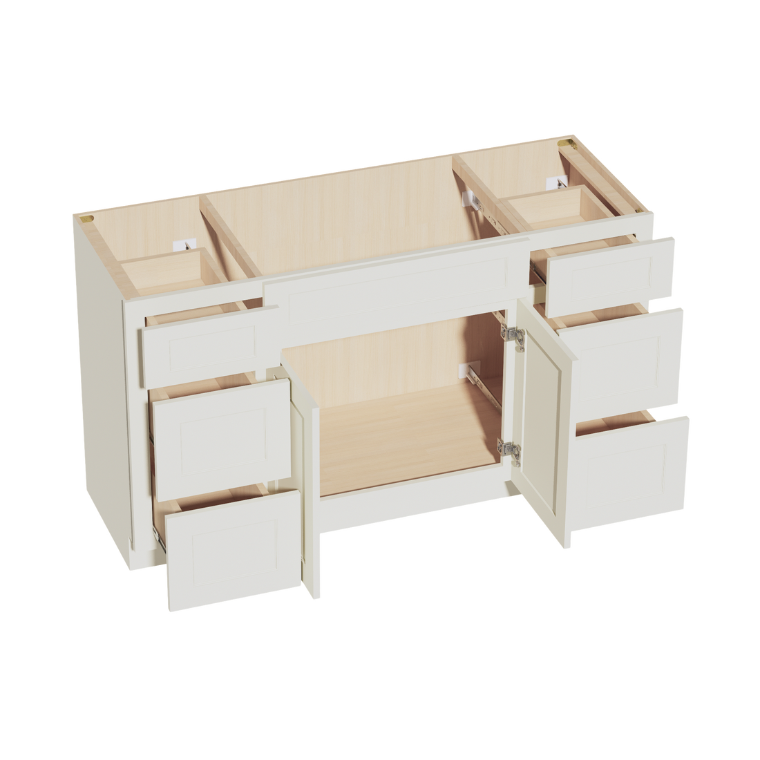 TW-VSD60SINGLE: Creamy White Shaker 60"W x 34-1/2"H x 21"D 2 Doors, 6 Drawers & 1 False Drawer Single Sink Vanity Base Combo Cabinets