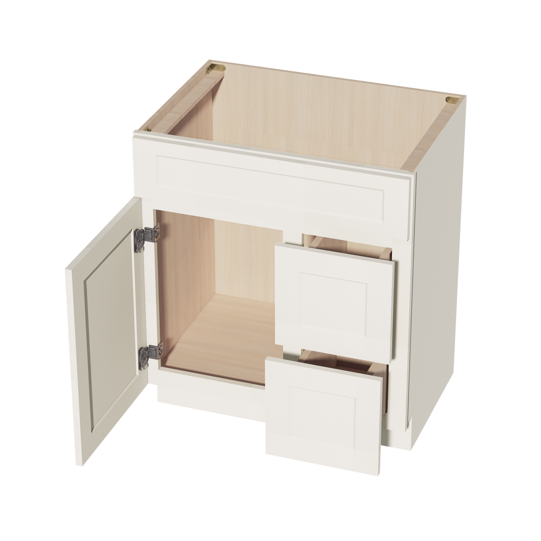 DI-VSD3021R:达拉斯象牙色 Shaker 30 英寸宽 x 34-1/2 英寸高 x 21 英寸深 1 门和 2 个右侧抽屉偏置梳妆台水槽底柜