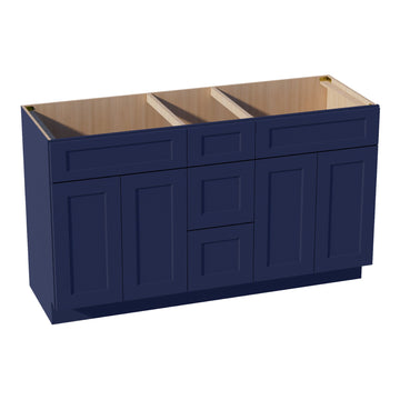 HB-VSD60DOUBLE: Indigo Blue Shaker 60"W x 34-1/2"H x 21"D 4 Doors, 3 Drawers & 2 False Drawers Double Sink Vanity Base Combo Cabinets
