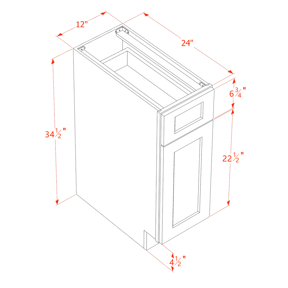 SF-B12: Frost White Slim Shaker 12" 1 Drawer 1 Door Standard Base Cabinet