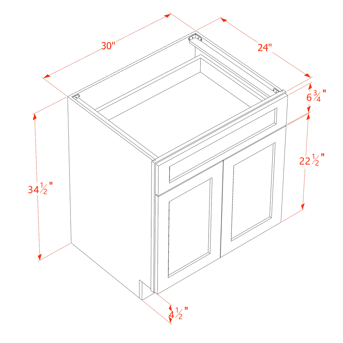 SF-B30: Frost White Slim Shaker 30" 1 Drawer 2 Door Standard Base Cabinet