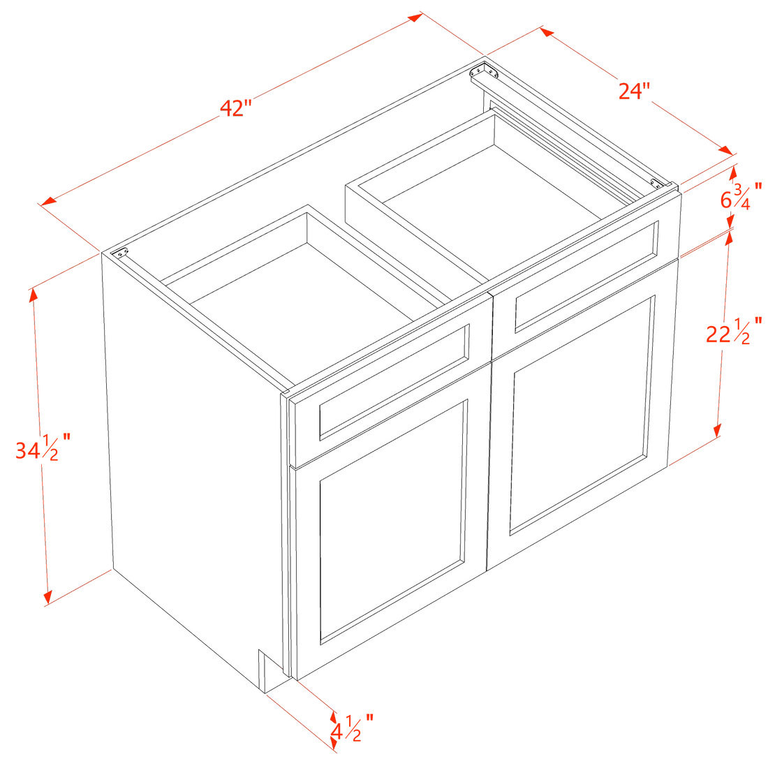 SF-B42: Frost White Slim Shaker 42" 2 Drawers 2 Doors Standard Base Cabinet