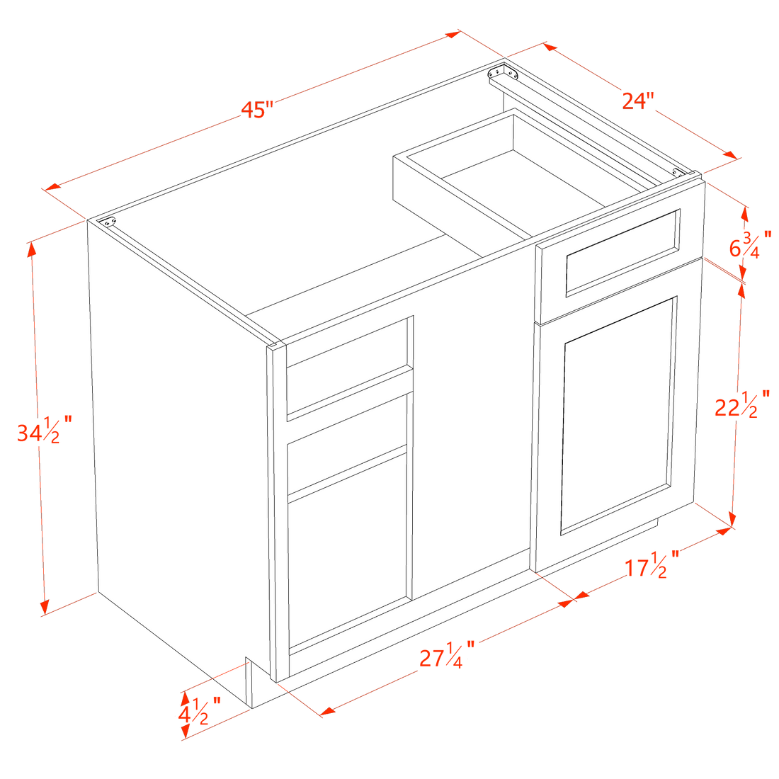 SF-BBC42/45: Frost White Slim Shaker 42" 1 Door - 1 Drawer Blind Corner Base Cabinets