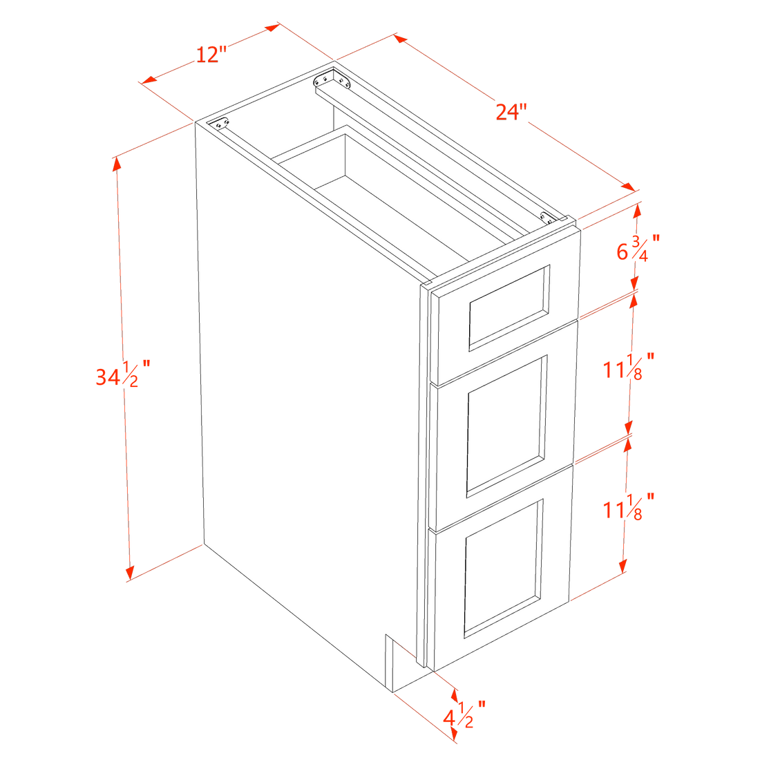 SF-DB12: Frost White Slim Shaker 12" 3 Drawers Base Cabinet