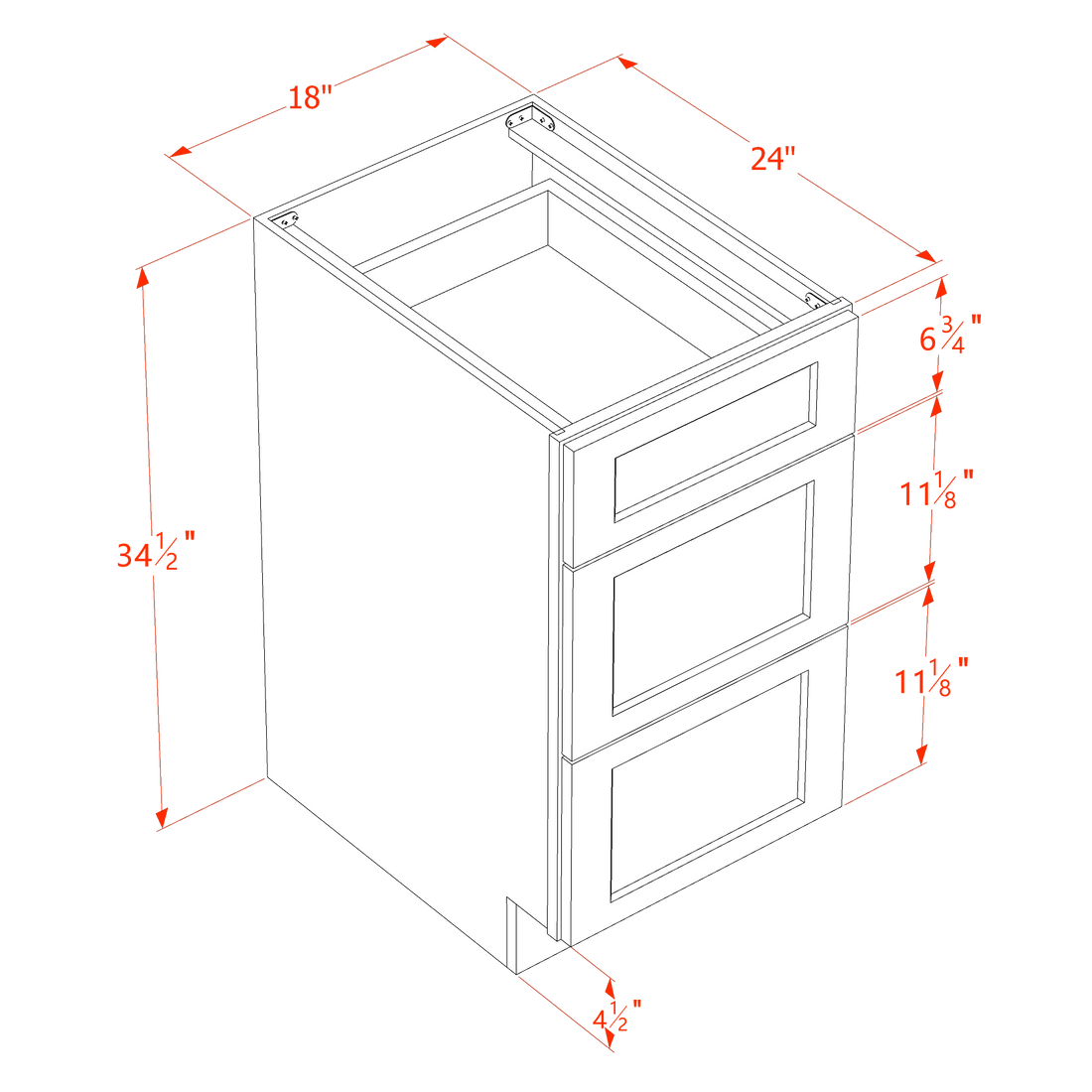 SF-DB18: Frost White Slim Shaker 18" 3 Drawers Base Cabinet