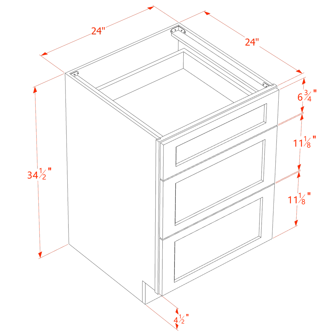 SF-DB24: Frost White Slim Shaker 24" 3 Drawers Base Cabinet