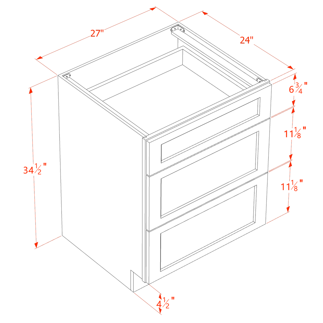 SF-DB27: Frost White Slim Shaker 27" 3 Drawers Base Cabinet