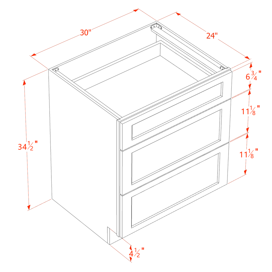 SF-DB30: Frost White Slim Shaker 30" 3 Drawers Base Cabinet