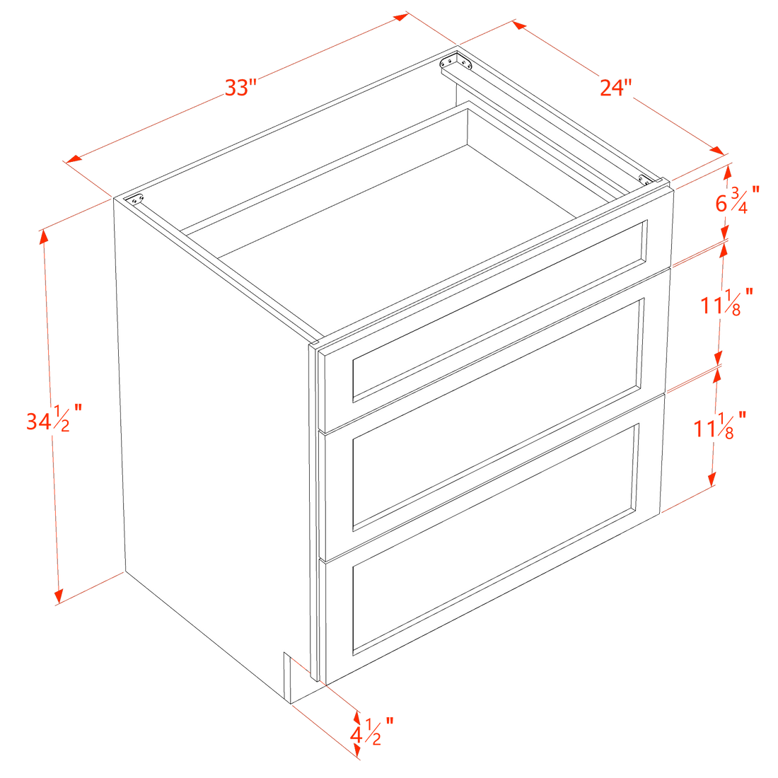 SF-DB33: Frost White Slim Shaker 33" 3 Drawers Base Cabinet