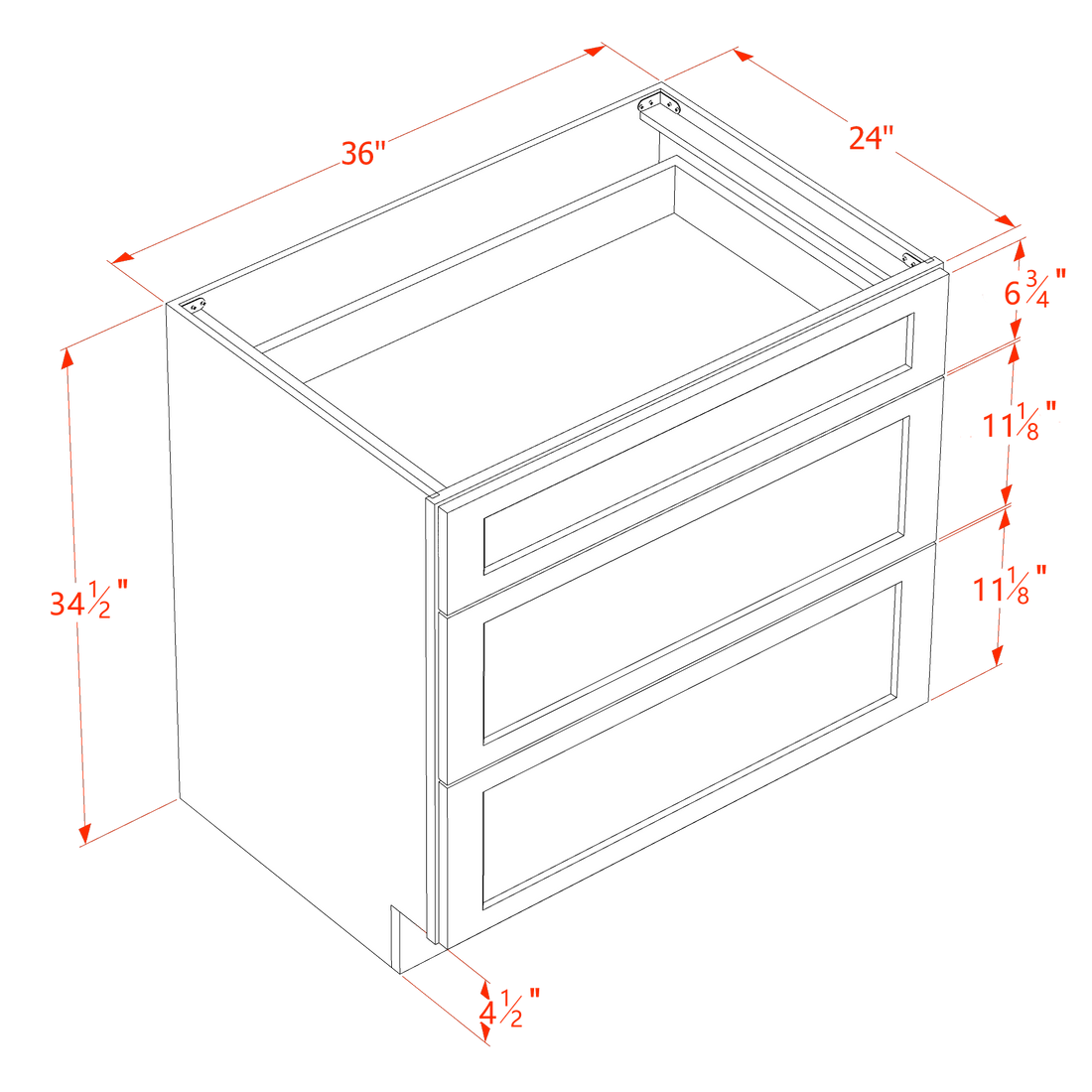 SF-DB36: Frost White Slim Shaker 36" 3 Drawers Base Cabinet