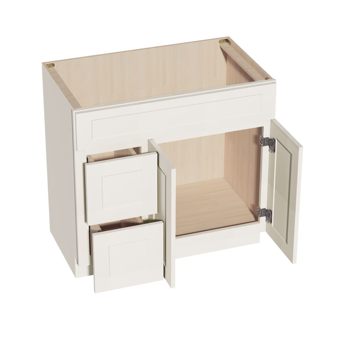 DI-VSD3621L: Dallas Ivory Shaker 36"W x 34-1/2"H x 21"D 2 Doors & 2 Left Drawers Offset Vanity Sink Base Cabinets