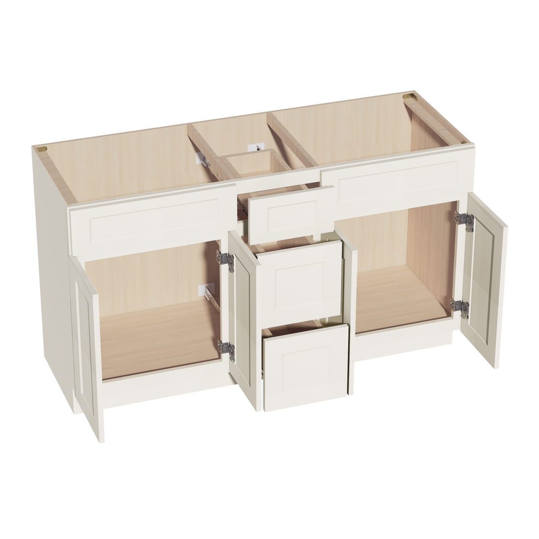 DI-VSD60DOUBLE: Dallas Ivory Shaker 60"W x 34-1/2"H x 21"D 4 Doors, 3 Drawers & 2 False Drawers Double Sink Vanity Base Combo Cabinets