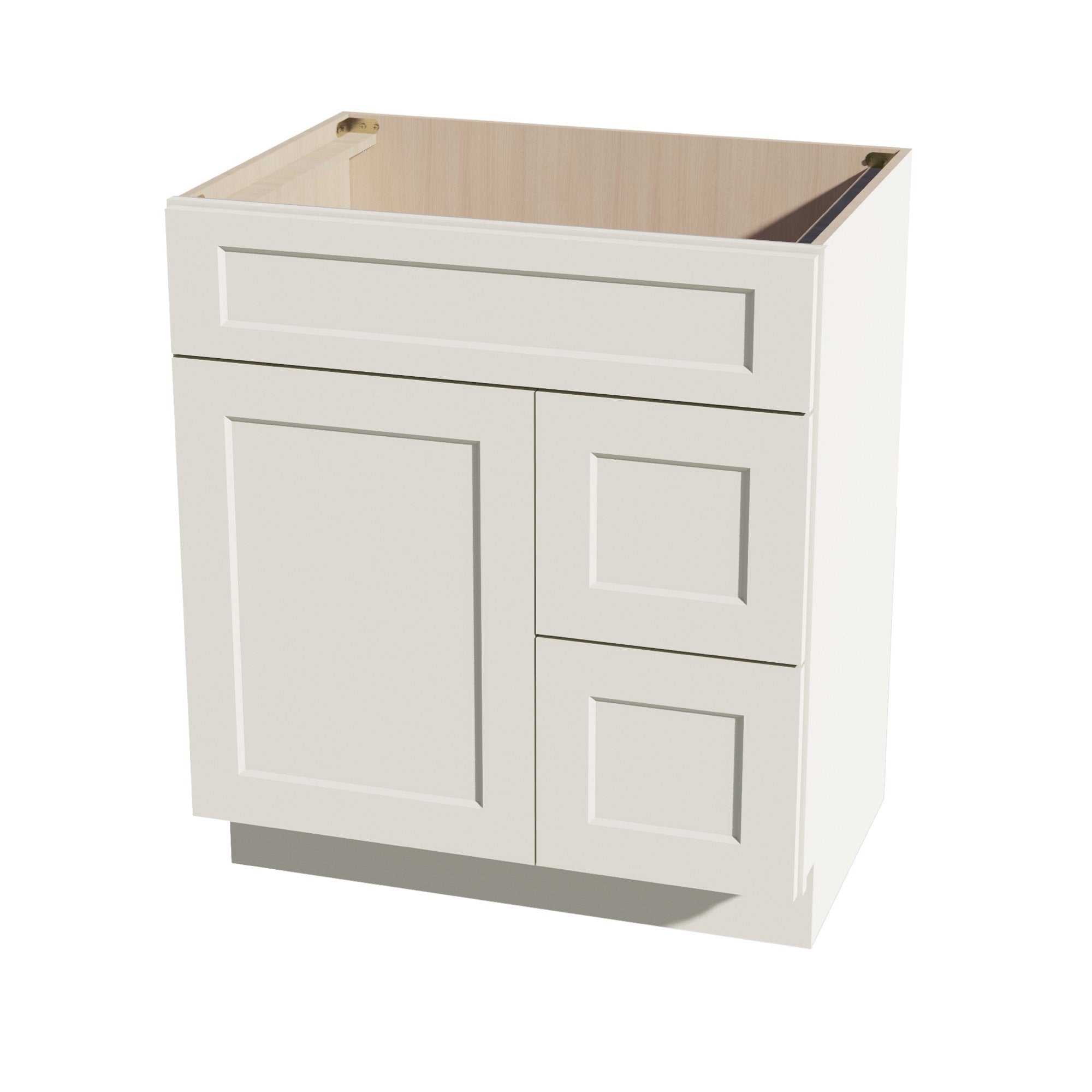 DI-VSD3021R: Dallas Ivory Shaker 30"W x 34-1/2"H x 21"D 1 Door & 2 Right Drawers Offset Vanity Sink Base Cabinets
