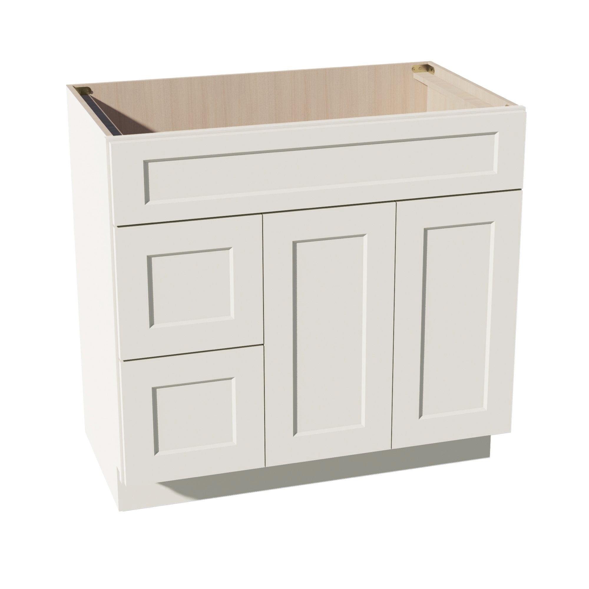 DI-VSD3621L: Dallas Ivory Shaker 36"W x 34-1/2"H x 21"D 2 Doors & 2 Left Drawers Offset Vanity Sink Base Cabinets