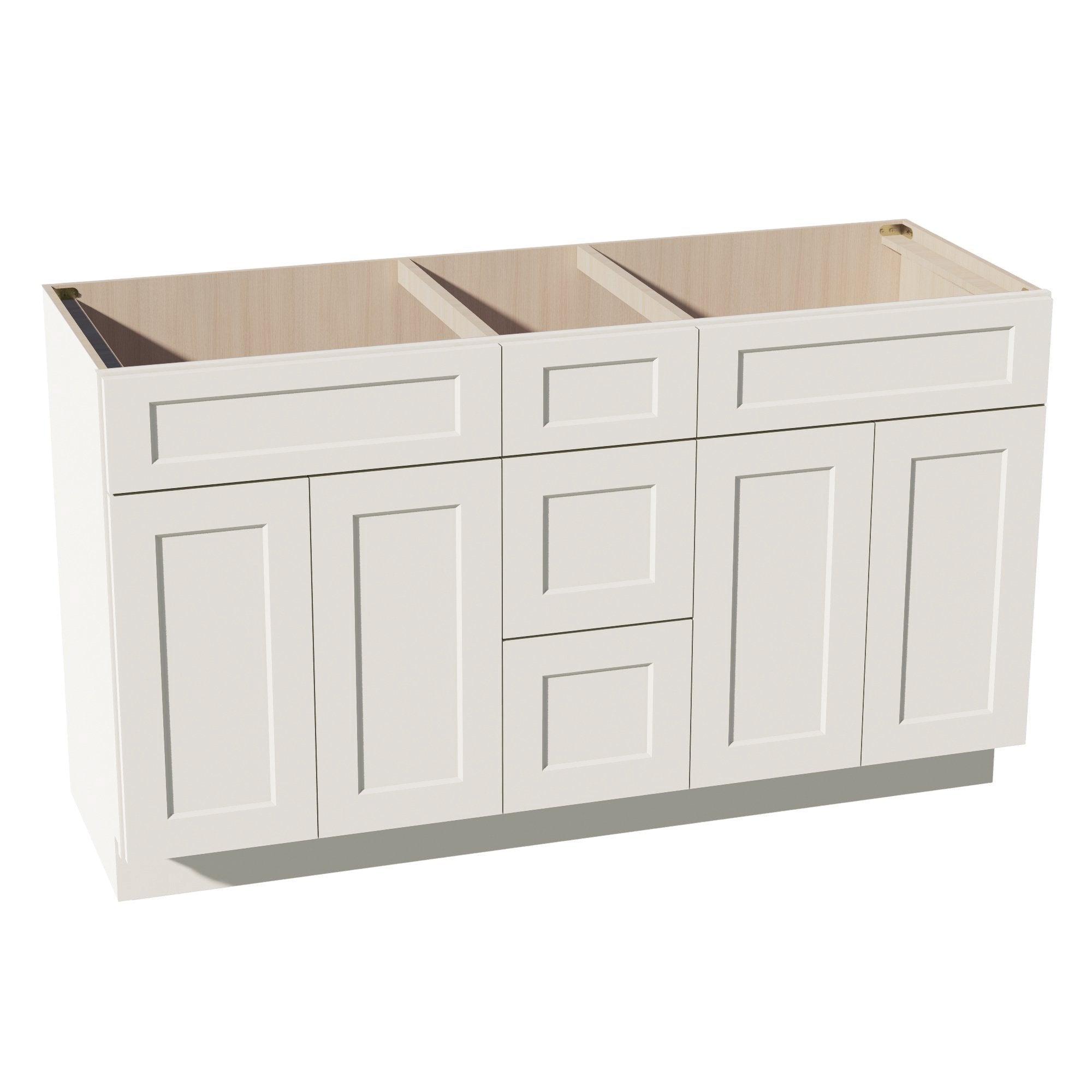 DI-VSD60DOUBLE: Dallas Ivory Shaker 60"W x 34-1/2"H x 21"D 4 Doors, 3 Drawers & 2 False Drawers Double Sink Vanity Base Combo Cabinets