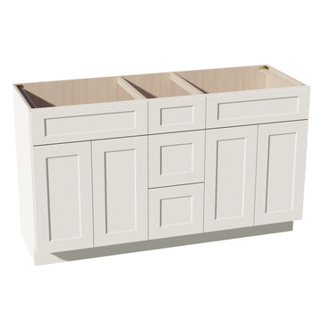 DI-VSD60DOUBLE: Dallas Ivory Shaker 60"W x 34-1/2"H x 21"D 4 Doors, 3 Drawers & 2 False Drawers Double Sink Vanity Base Combo Cabinets
