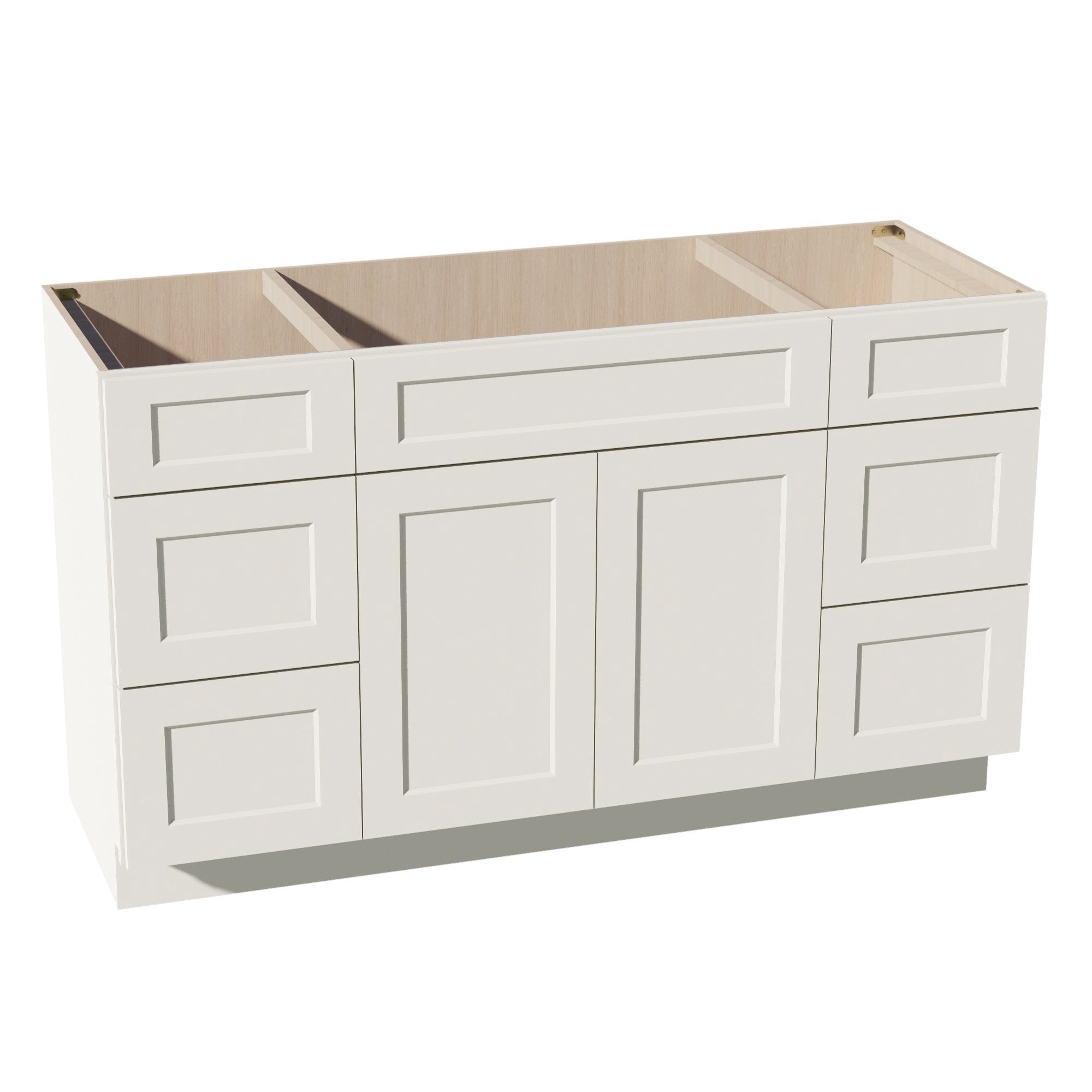 DI-VSD60SINGLE: Dallas Ivory Shaker 60"W x 34-1/2"H x 21"D 2 Doors, 6 Drawers & 1 False Drawer Single Sink Vanity Base Combo Cabinets