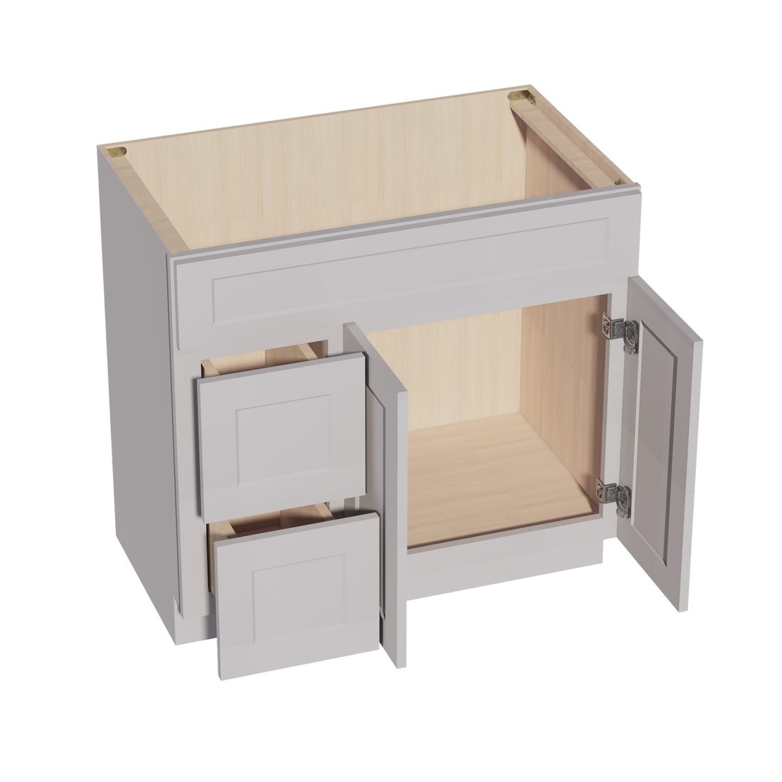 HA-VSD3621L: Ash Gray Shaker 36"W x 34-1/2"H x 21"D 2 Doors & 2 Left Drawers Offset Vanity Sink Base Cabinets