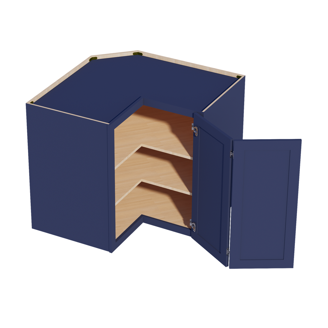 HB-WPC2436: Indigo Blue Shaker 24"W x 36"H 1 Door & 2 Shelves Pie Cut Wall Corner Cabinet
