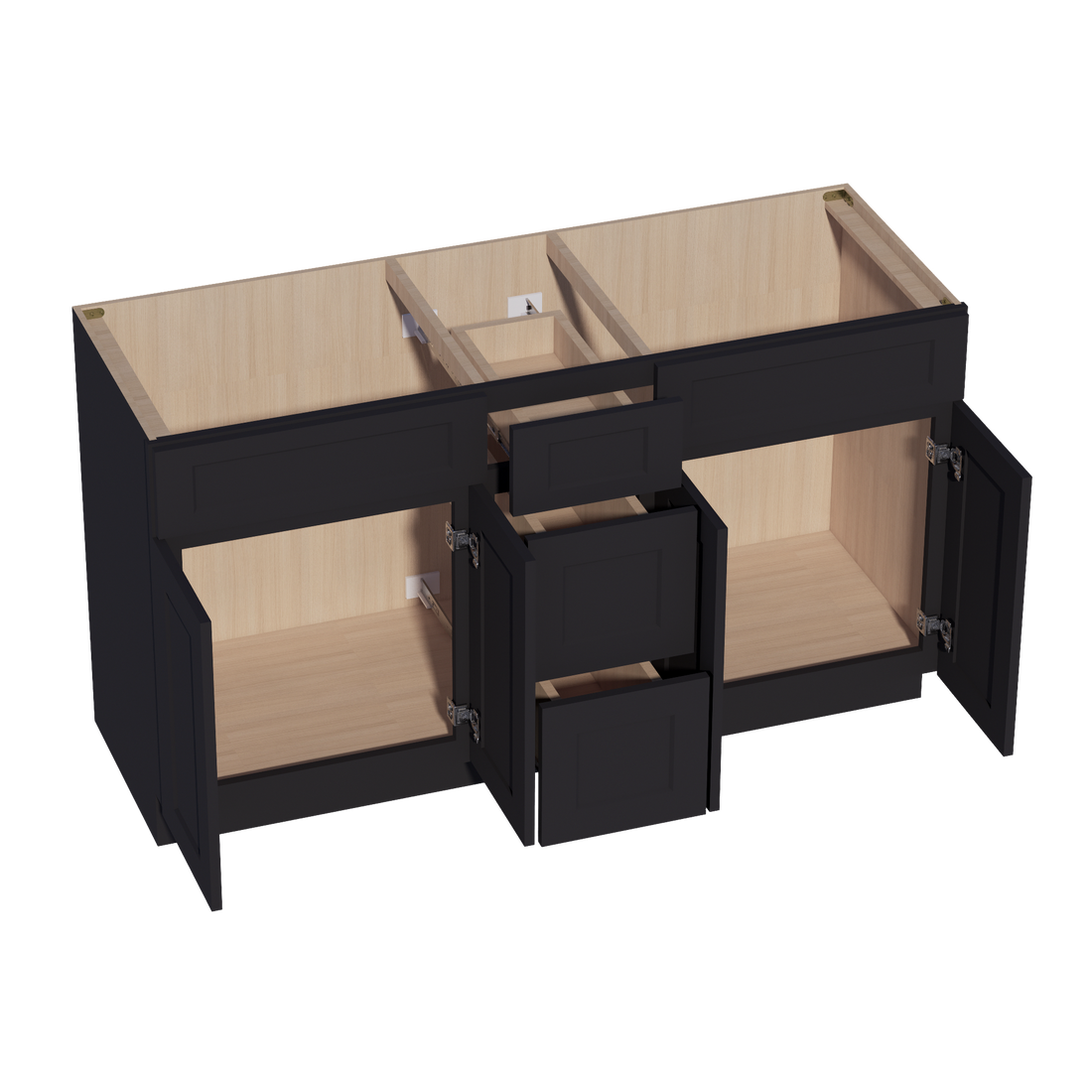 HE-VSD60DOUBLE: Ebony Black Shaker 60"W x 34-1/2"H x 21"D 4 Doors, 3 Drawers & 2 False Drawers Double Sink Vanity Base Combo Cabinets