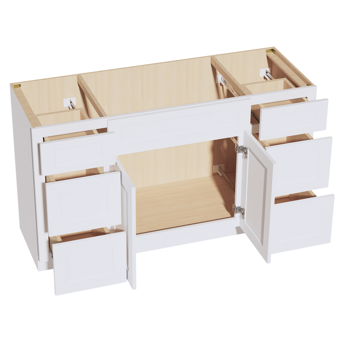 HF-VSD60SINGLE: Frost White Shaker 60"W x 34-1/2"H x 21"D 2 Doors, 6 Drawers & 1 False Drawer Single Sink Vanity Base Combo Cabinets