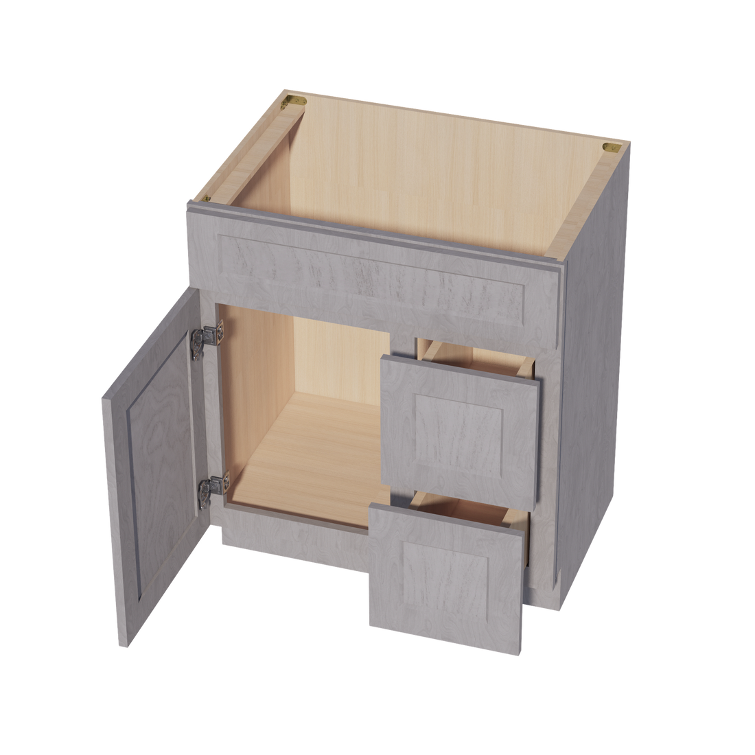 HLG-VSD3021R: Light Gray Shaker 30"W x 34-1/2"H x 21"D 1 Door & 2 Right Drawers Offset Vanity Sink Base Cabinets