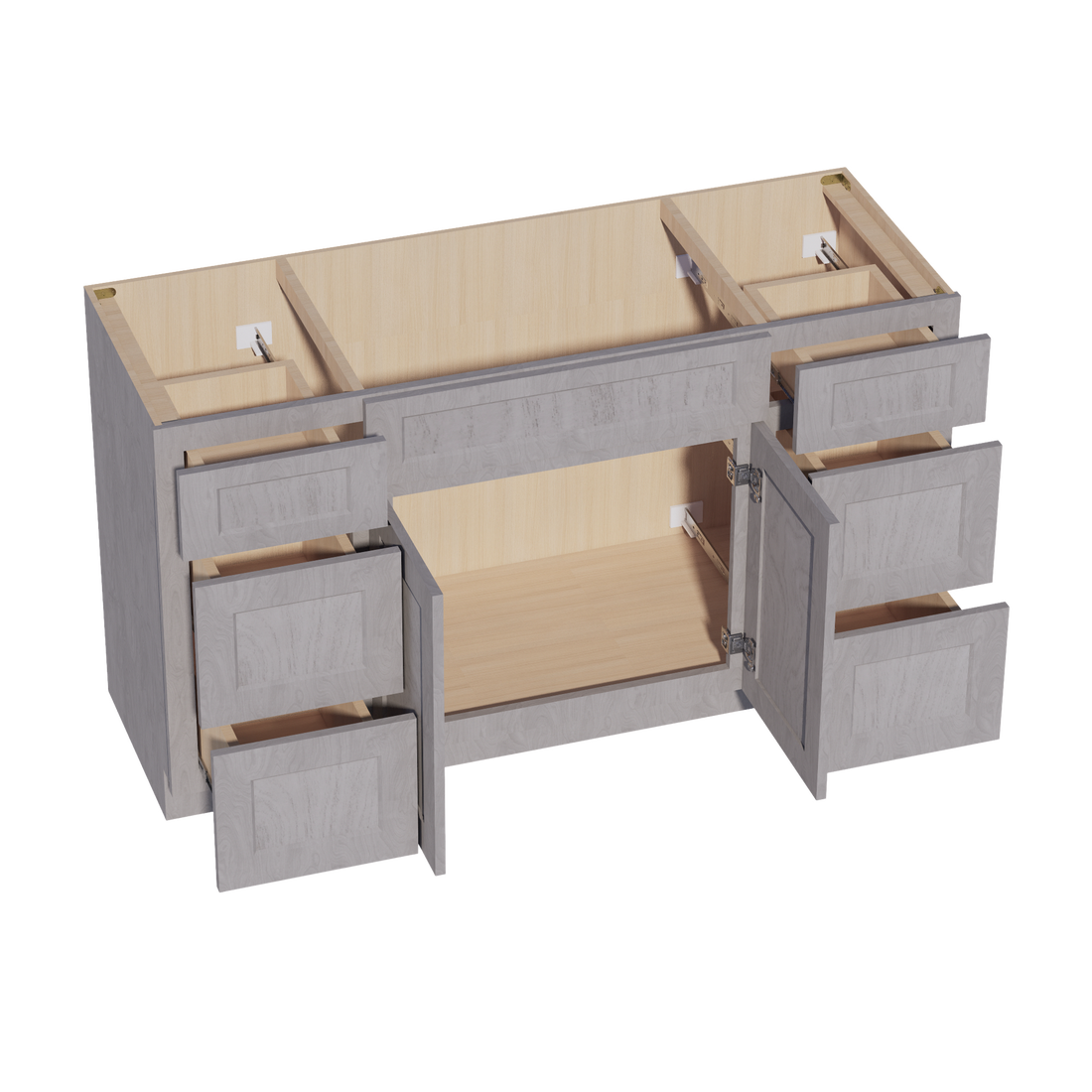 HLG-VSD60SINGLE: Light Gray Shaker 60"W x 34-1/2"H x 21"D 2 Doors, 6 Drawers & 1 False Drawer Single Sink Vanity Base Combo Cabinets