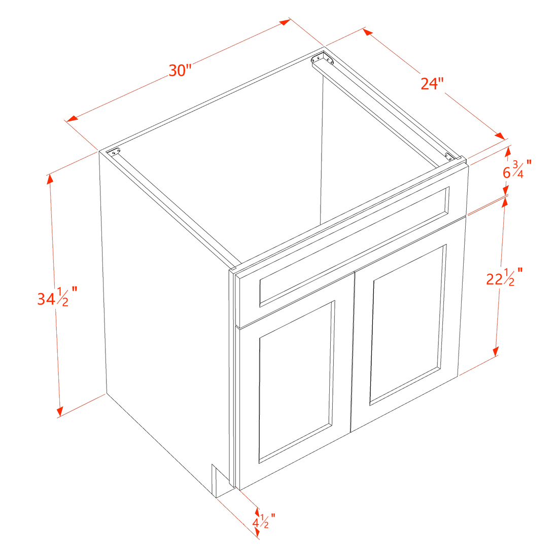SF-SB30: Frost White Slim Shaker 30" 2 Doors 1 False Drawer Sink Base Cabinet