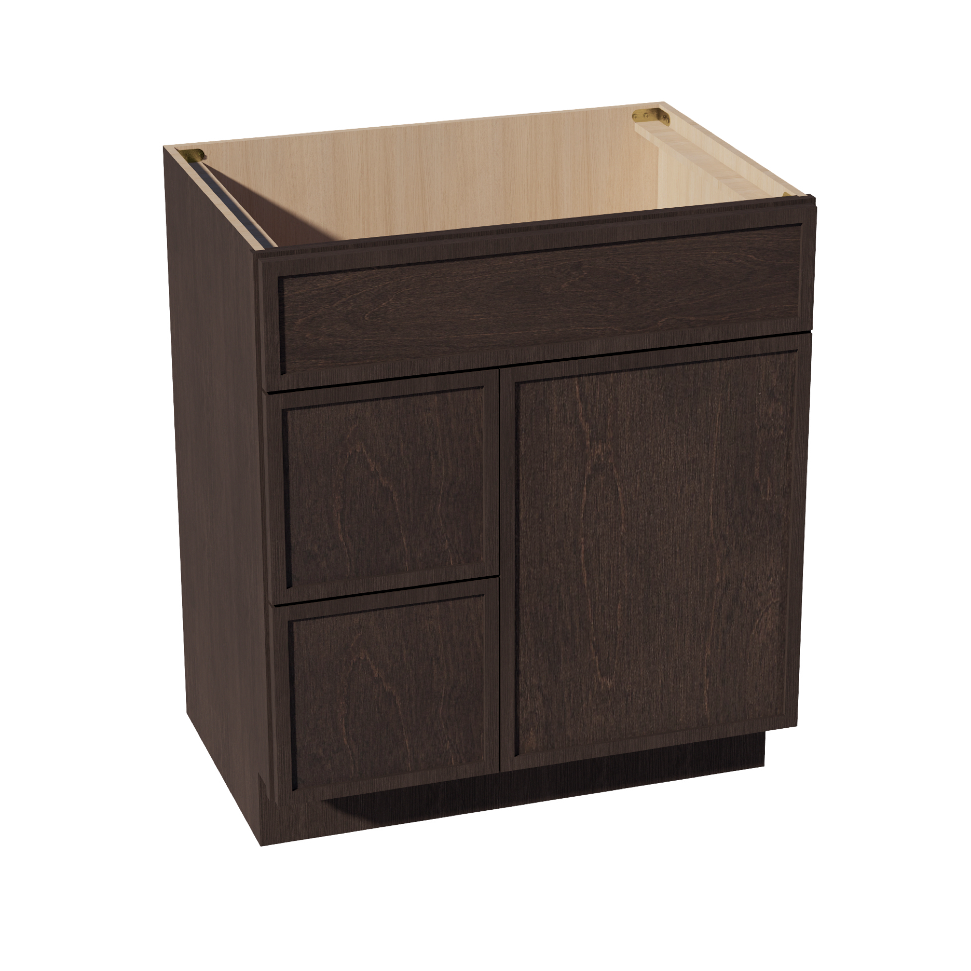 SM-VSD3021L: Mocha Brown Slim Shaker 30"W x 34-1/2"H x 21"D 1 Door & 2 Left Drawers Offset Vanity Sink Base Cabinets