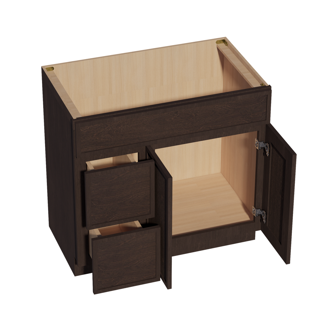 SM-VSD3621L: Mocha Brown Slim Shaker 36"W x 34-1/2"H x 21"D 2 Doors & 2 Left Drawers Offset Vanity Sink Base Cabinets