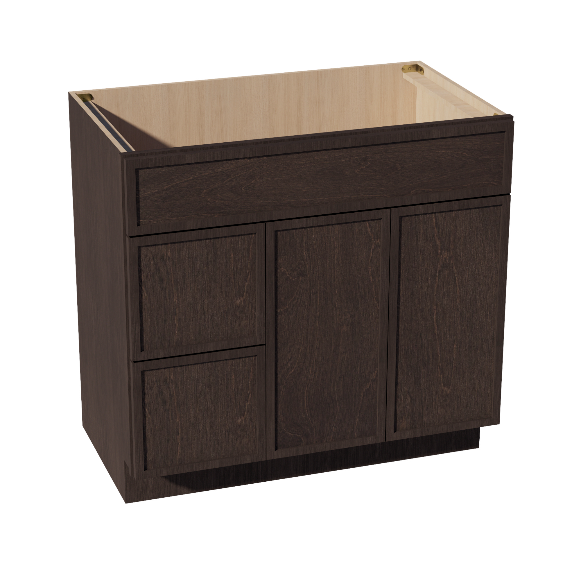 SM-VSD3621L: Mocha Brown Slim Shaker 36"W x 34-1/2"H x 21"D 2 Doors & 2 Left Drawers Offset Vanity Sink Base Cabinets
