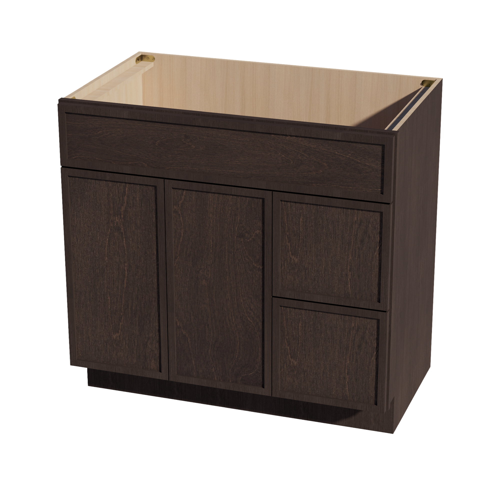 SM-VSD3621R: Mocha Brown Slim Shaker 36"W x 34-1/2"H x 21"D 2 Doors & 2 Right Drawers Offset Vanity Sink Base Cabinets