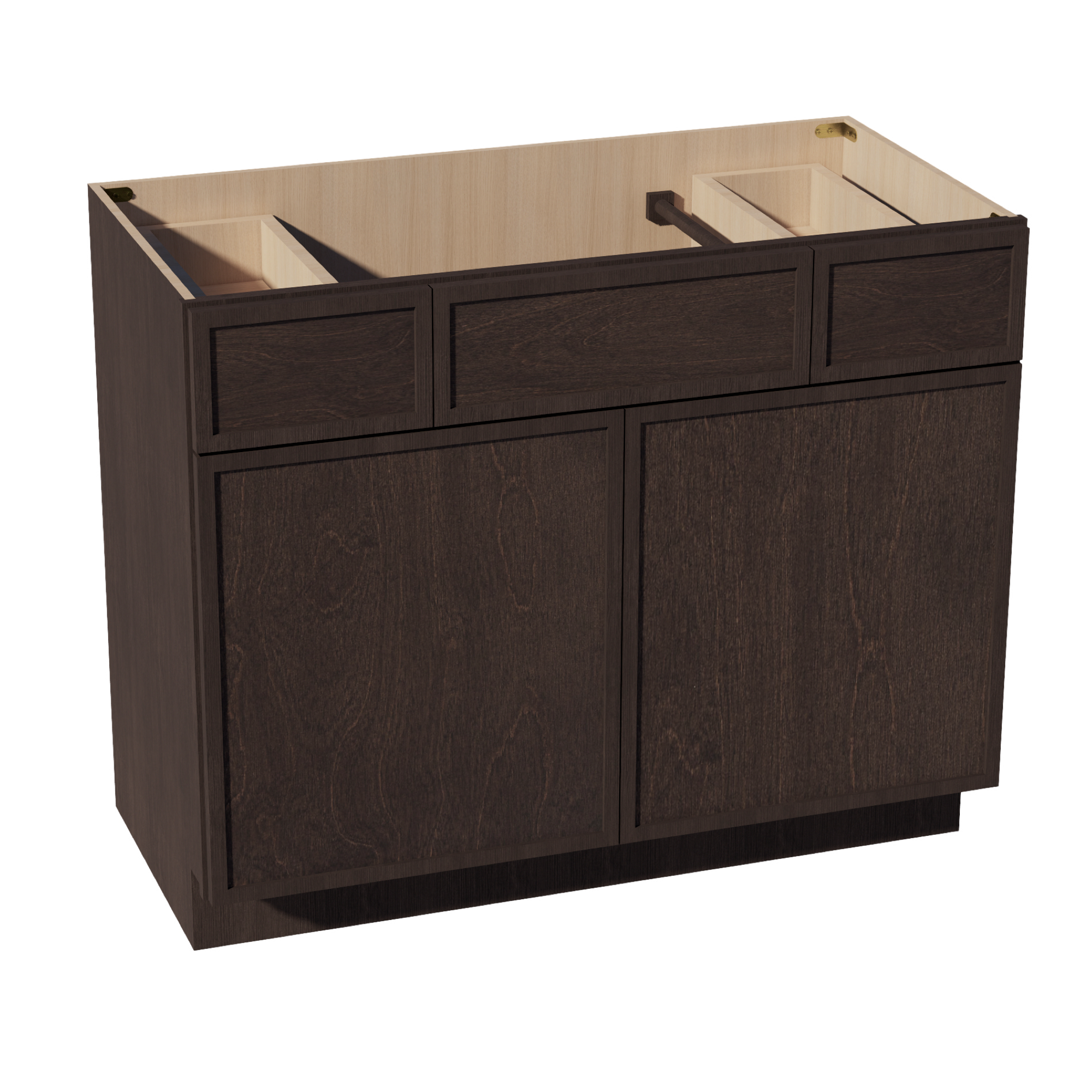 SM-VSD4221: Mocha Brown Slim Shaker  42"W x 34-1/2"H x 21"D 2 Doors, 2 Drawers & 1 False Drawer Centered Vanity Sink Base Cabinets