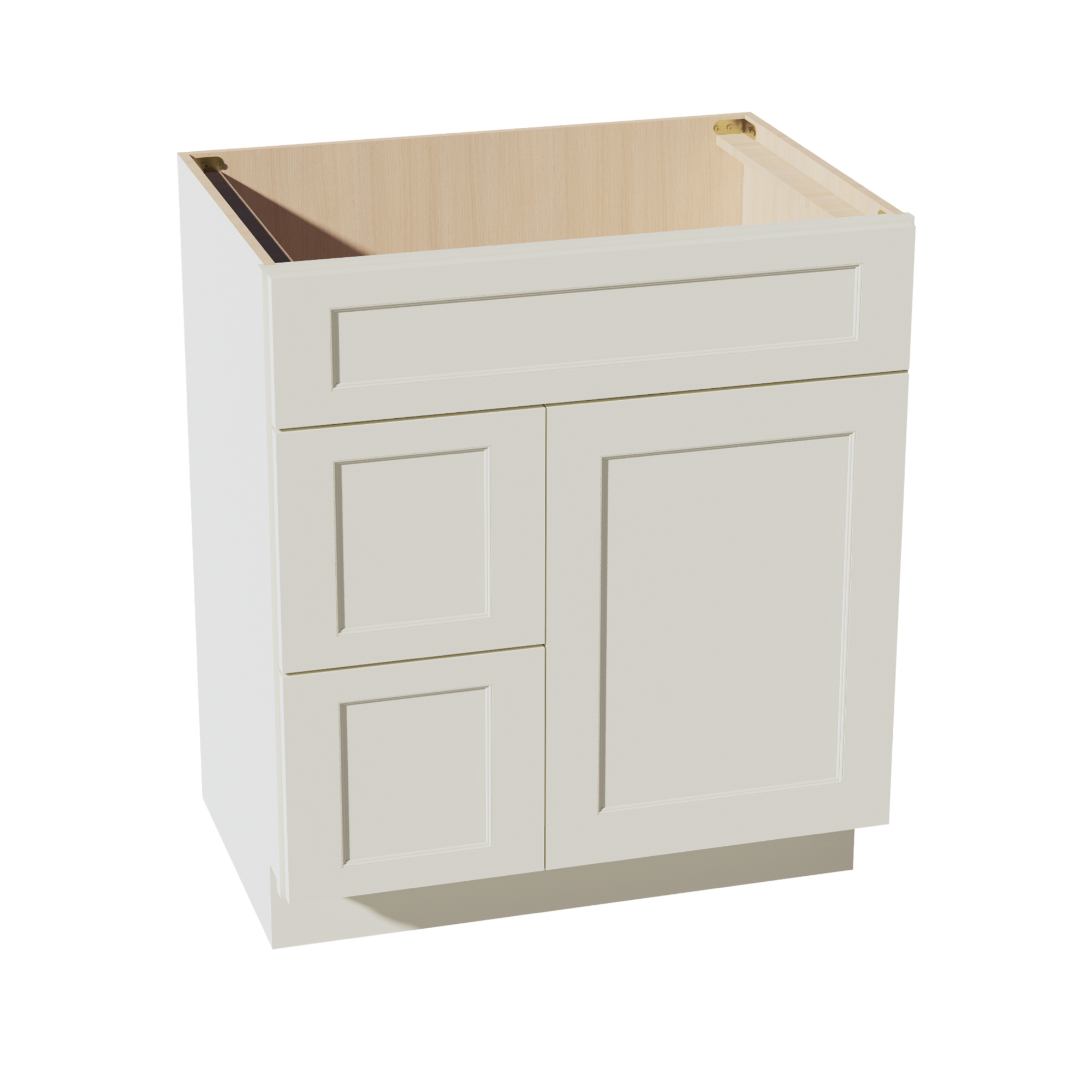 TW-VSD3021L: Creamy White Shaker 30"W x 34-1/2"H x 21"D 1 Door & 2 Left Drawers Offset Vanity Sink Base Cabinets