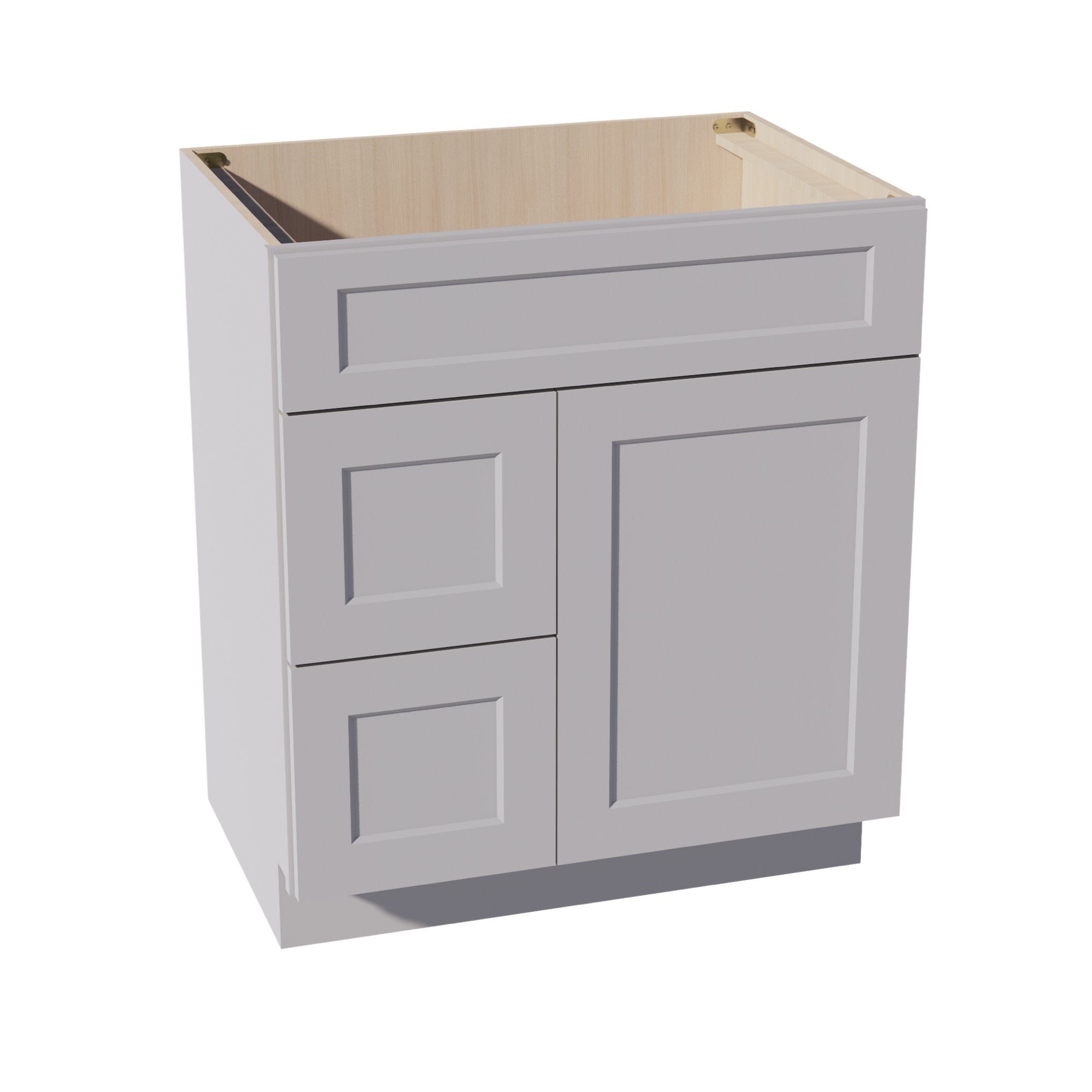 HA-VSD3021L: Ash Gray Shaker 30"W x 34-1/2"H x 21"D 1 Door & 2 Left Drawers Offset Vanity Sink Base Cabinets