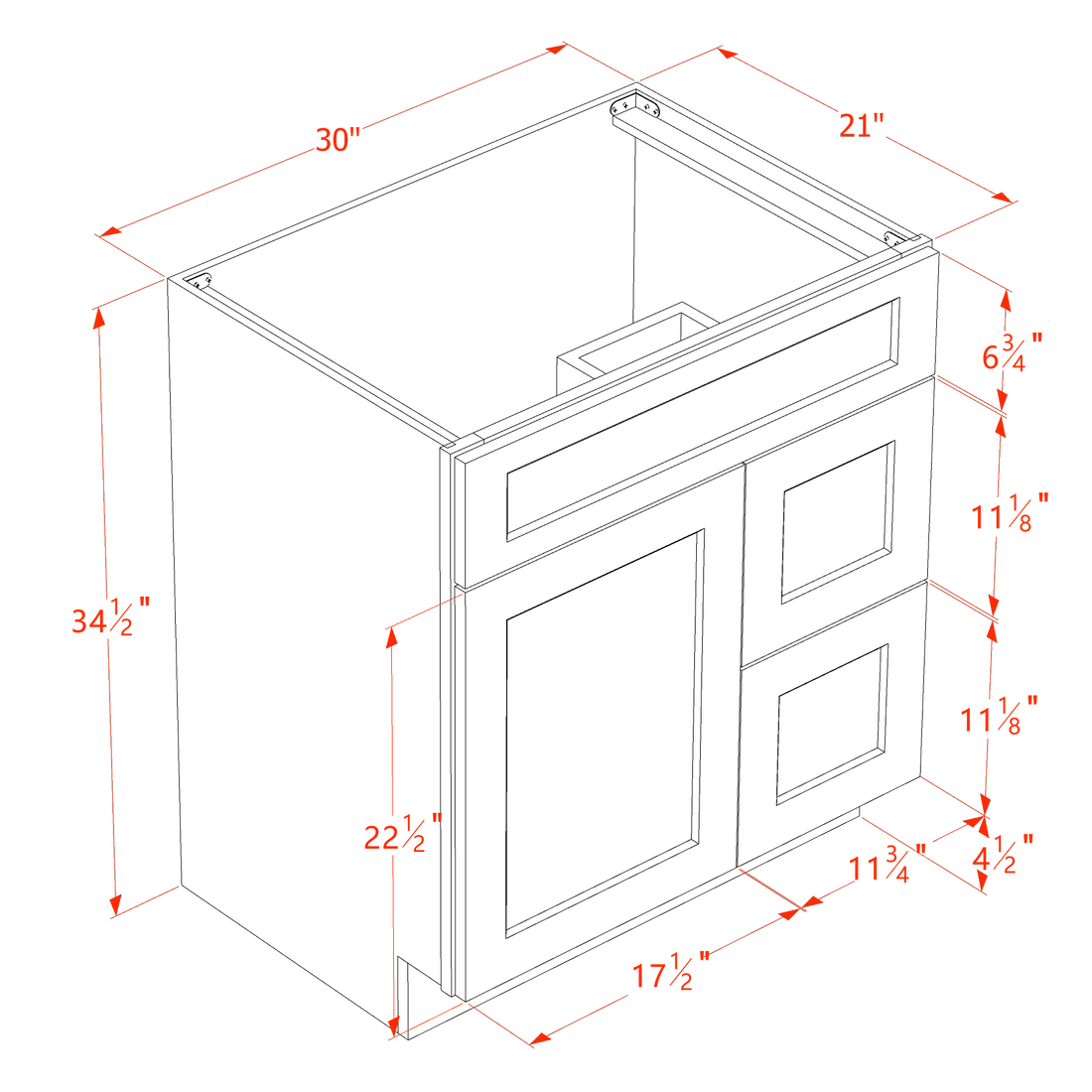 HA-VSD3021R: Ash Gray Shaker 30"W x 34-1/2"H x 21"D 1 Door & 2 Right Drawers Offset Vanity Sink Base Cabinets