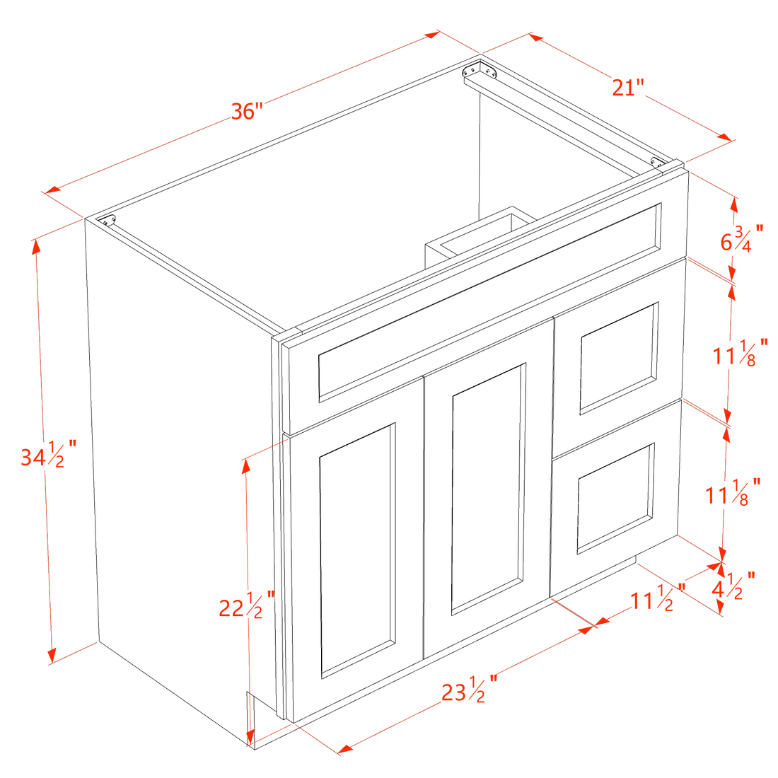 HA-VSD3621R: Ash Gray Shaker 36"W x 34-1/2"H x 21"D 2 Doors & 2 Right Drawers Offset Vanity Sink Base Cabinets