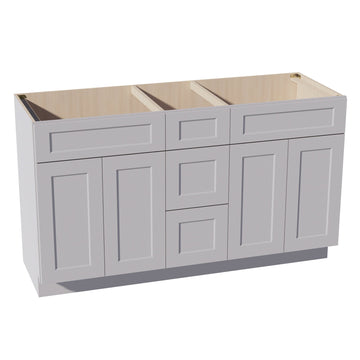 HA-VSD60DOUBLE: Ash Gray Shaker 60"W x 34-1/2"H x 21"D 4 Doors, 3 Drawers & 2 False Drawers Double Sink Vanity Base Combo Cabinets
