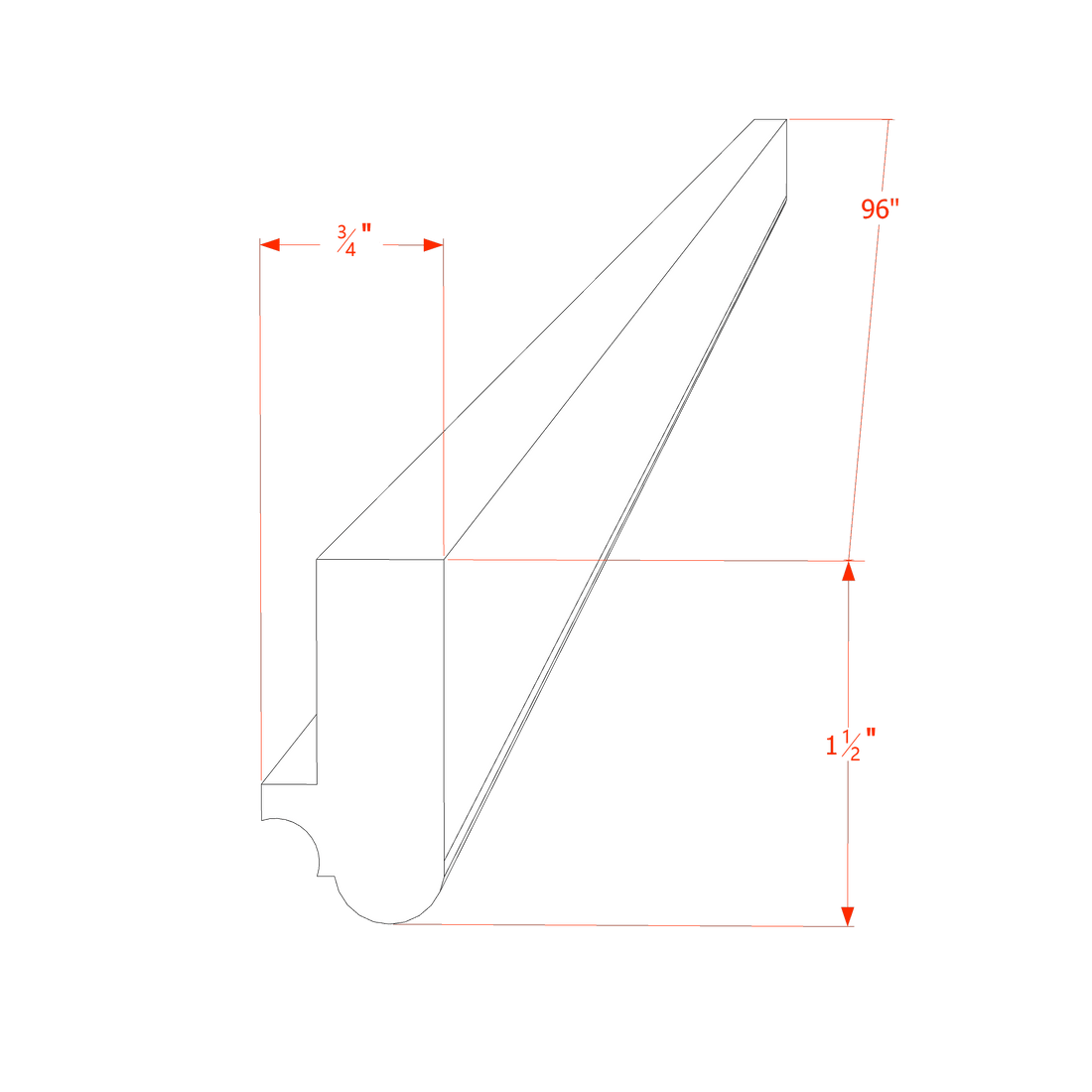 HE-LRM: Ebony Black Shaker 96"W x 1-1/2"H x 3/4"D Light Rail Molding