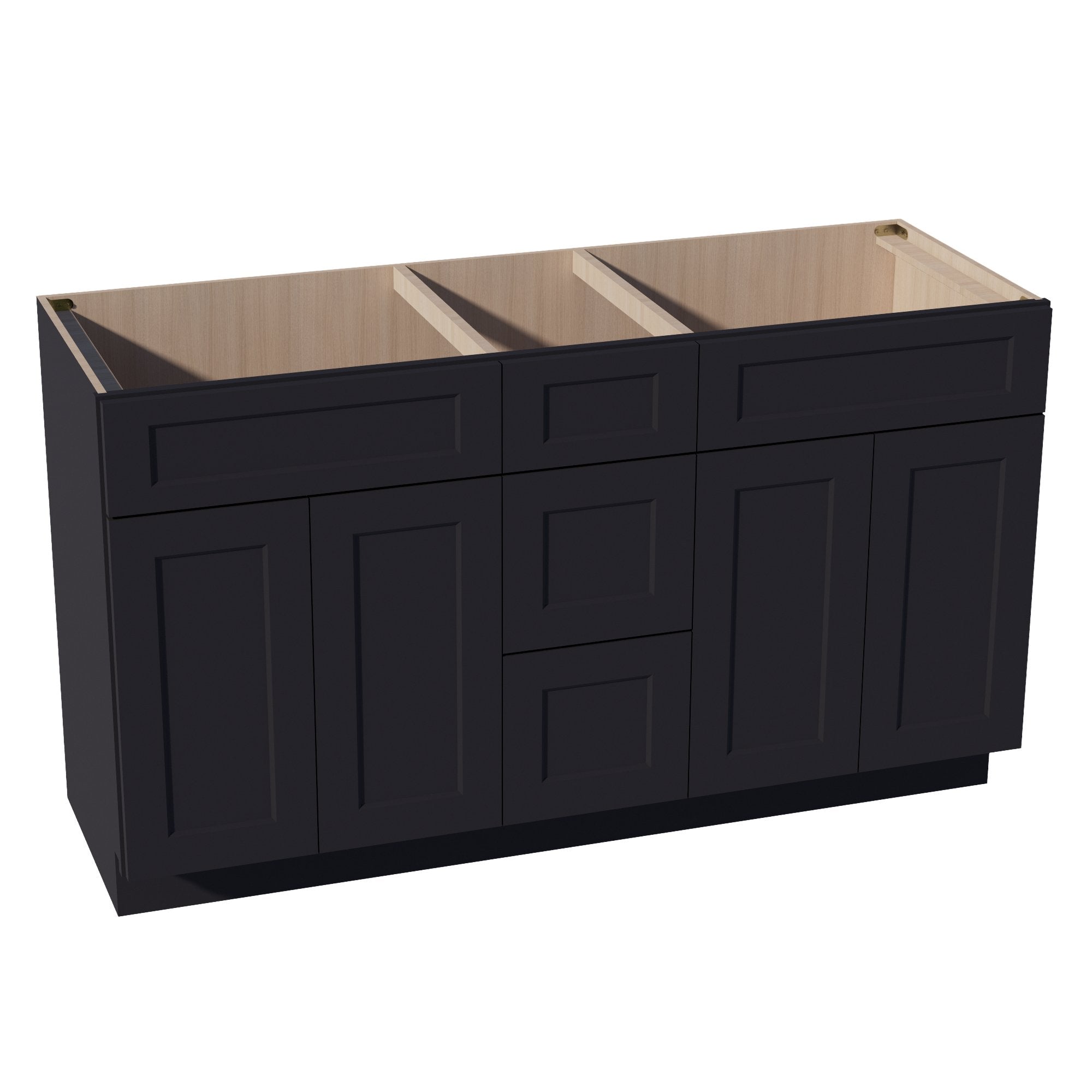 HE-VSD60DOUBLE: Ebony Black Shaker 60"W x 34-1/2"H x 21"D 4 Doors, 3 Drawers & 2 False Drawers Double Sink Vanity Base Combo Cabinets